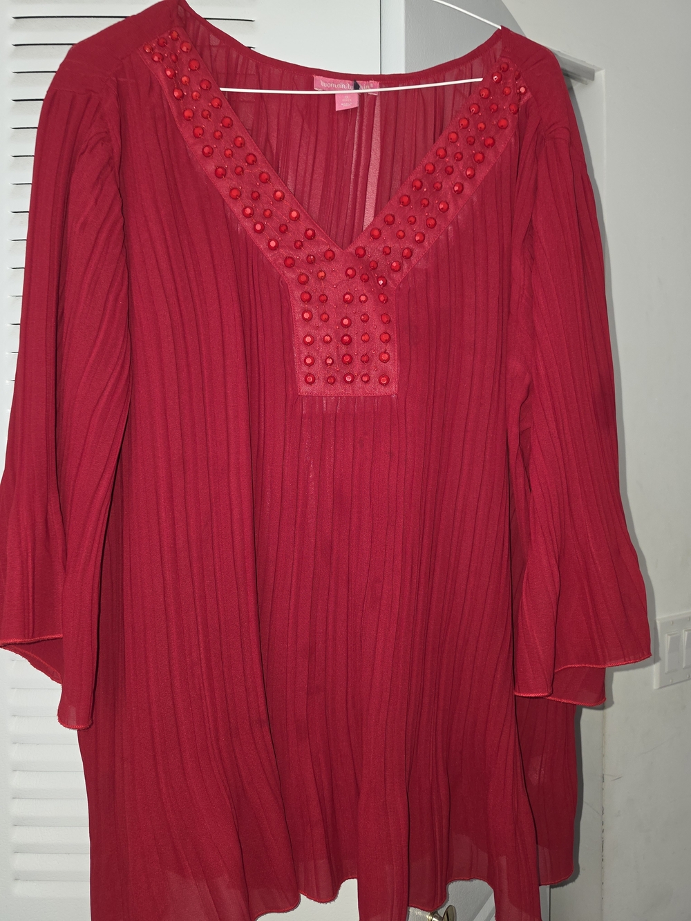 Woman Within Red Beaded V-Neck Pleated Tunic